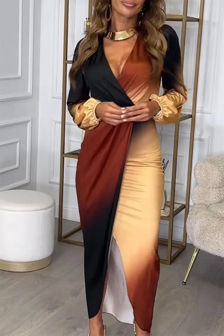 Robe Portefeuille Longue Chic Beige Marron chez robeportefeuille.com